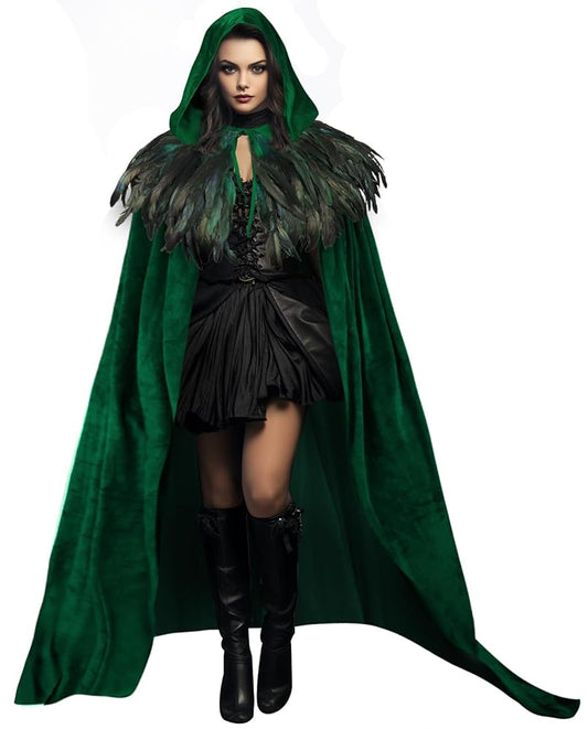 Green Hooded Velvet Feather Cape