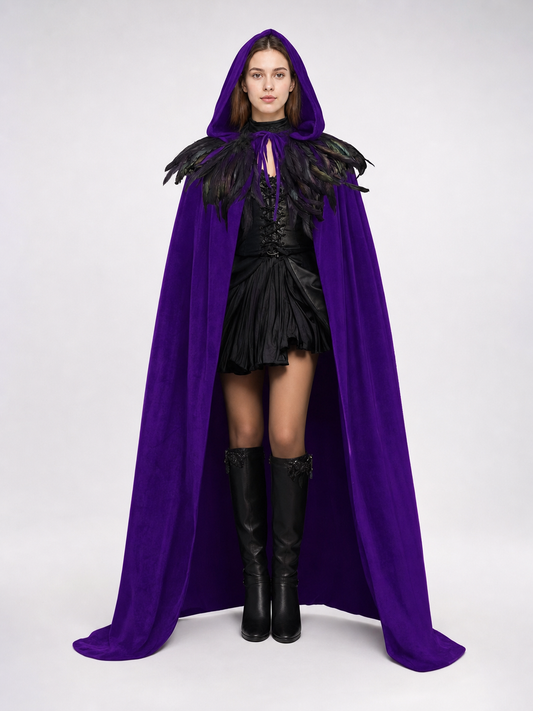 Purple Velvety Hooded Cape with Feathers