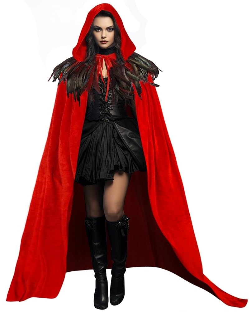 Full-body model wearing a bright red hooded cape with black feather shoulder trim over a black outfit