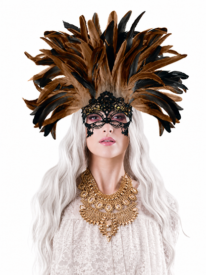 Brown and black feathered headpiece with a black lace eye mask, shown on a model in a white blouse against a white background