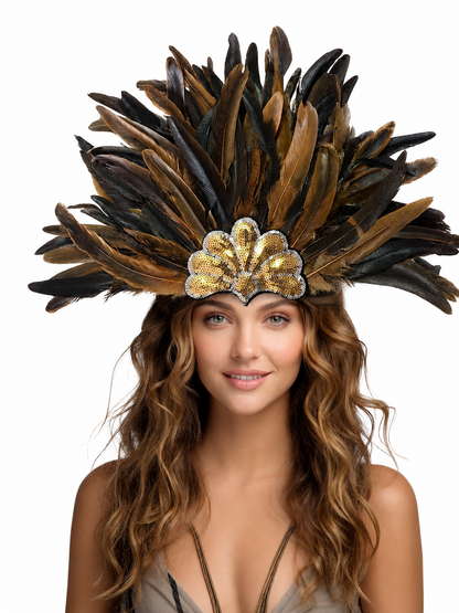 Feather headpiece with layered black and brown feathers and a gold sequined fan, shown in a close front view