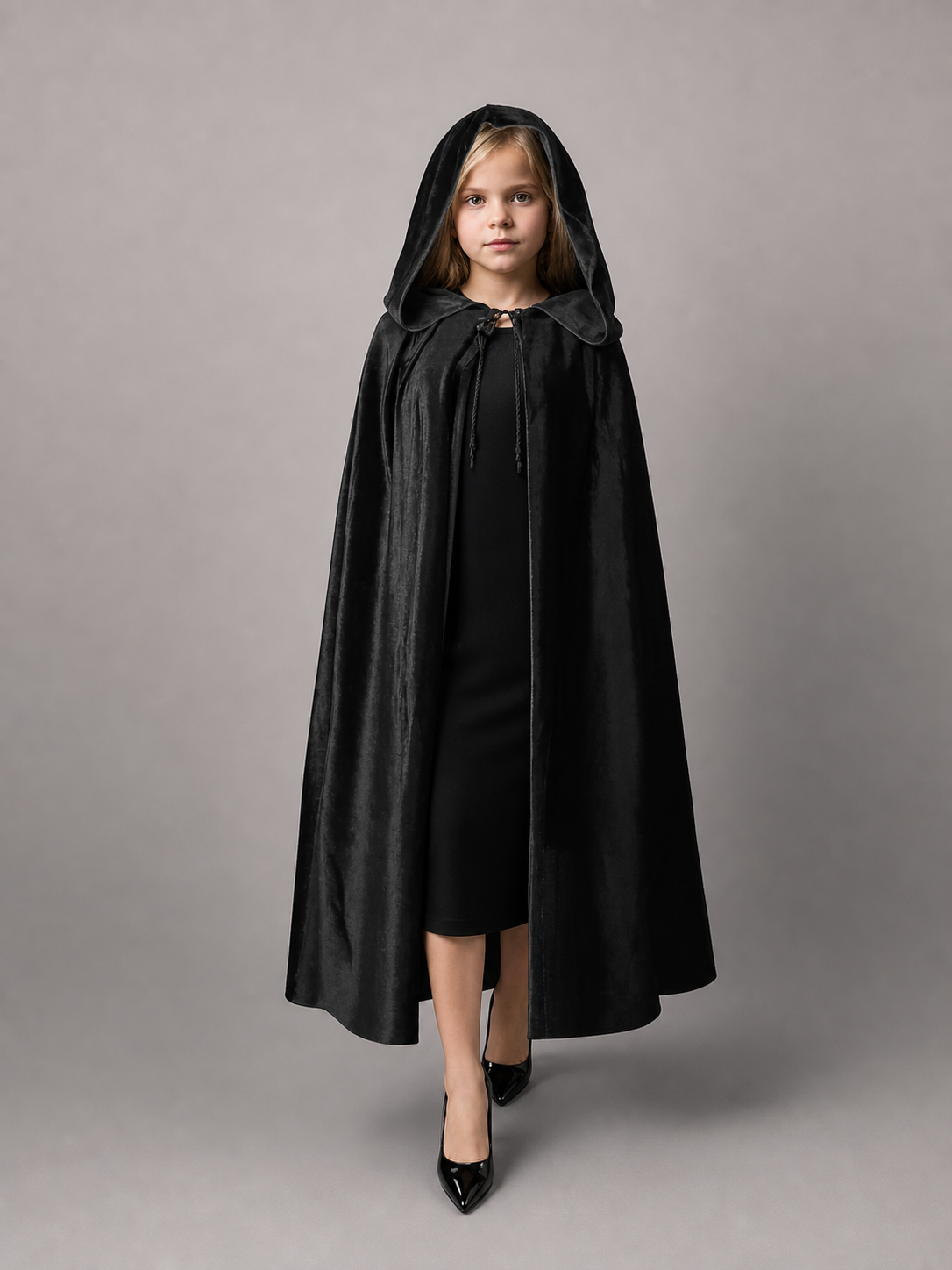 Black hooded cape with a glossy fabric look, shown full-body on a child model with front tie cords