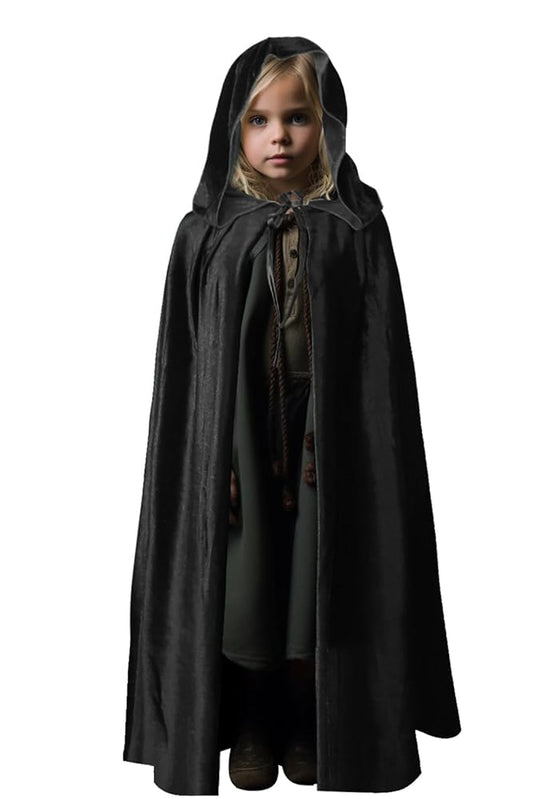 Black hooded cape with a glossy fabric look, shown full-length on a child model over a dark costume