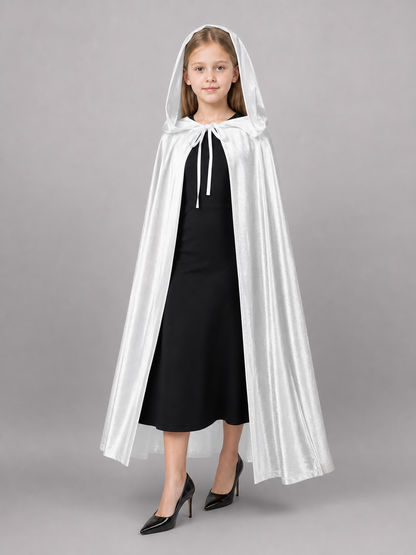 White hooded costume cape with long front ties, shown full-body on a child over a black dress against a gray background