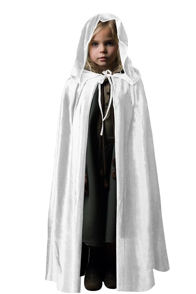 White hooded cape with a front tie and shiny fabric, shown full-length on a child over a black outfit