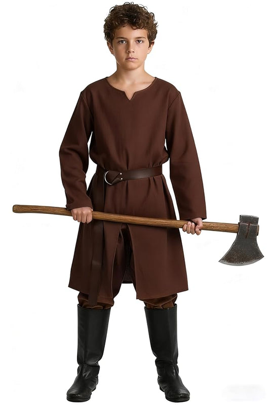 Kids Medieval Fantasy Halloween Costume Set, Long Sleeve Loose Fit Tunic Robe with Belt, Pants and Black Boots for Dress Up Play
