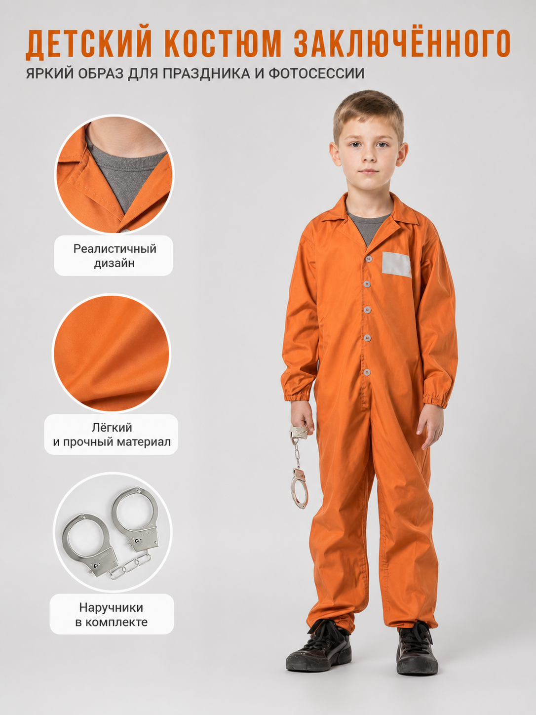 Information card about the orange jumpsuit costume, showing its fabric, neckline, child model, and included handcuffs