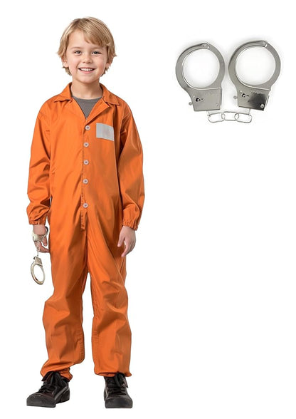 Orange one-piece jumpsuit with a gray chest patch, worn full-body by a child with black shoes and metal handcuffs
