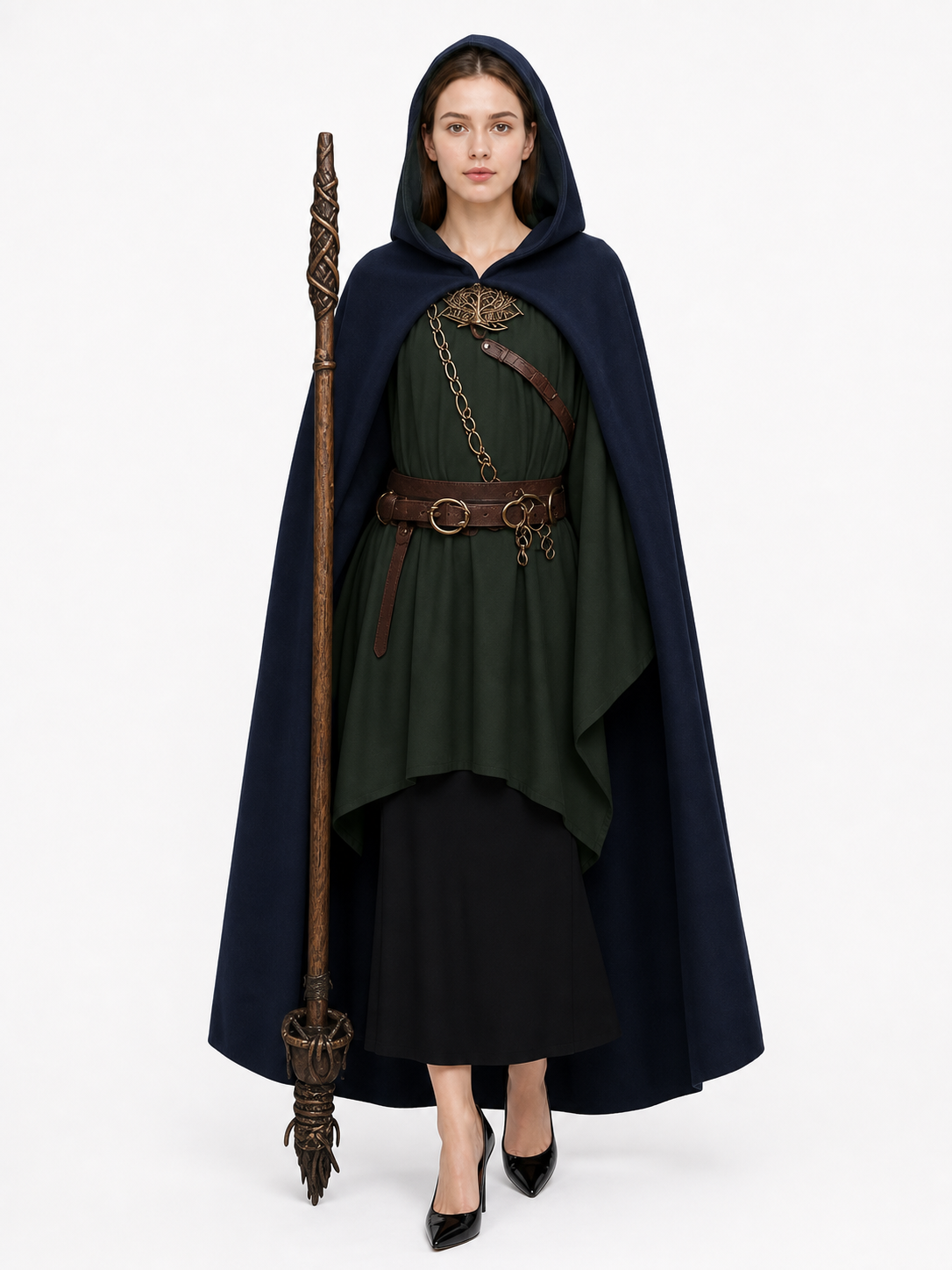 Navy hooded costume cloak shown full-length on a model with the hood up, styled over a green tunic and displayed beside a carved staff