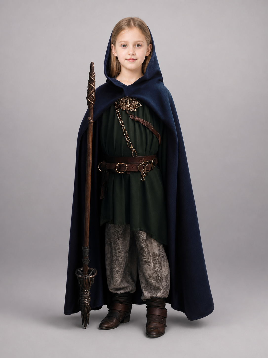 Dark blue hooded cloak shown full-body on a child with a long flowing hem, worn over a green costume with a staff