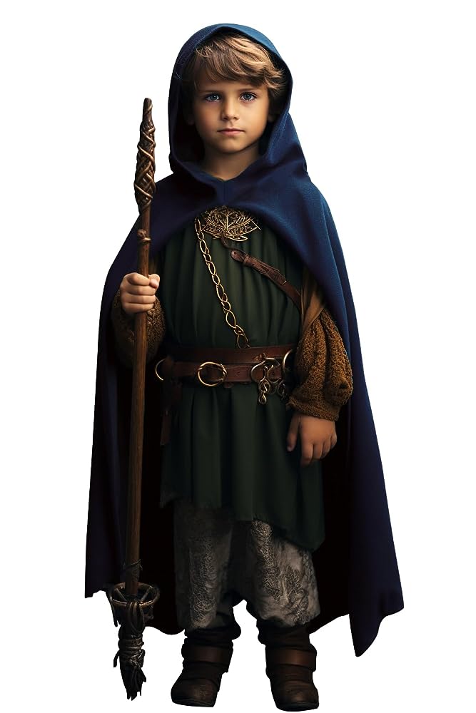 Dark blue hooded cloak shown full-body on a child, with a long draped shape and pointed hem over a fantasy-style costume