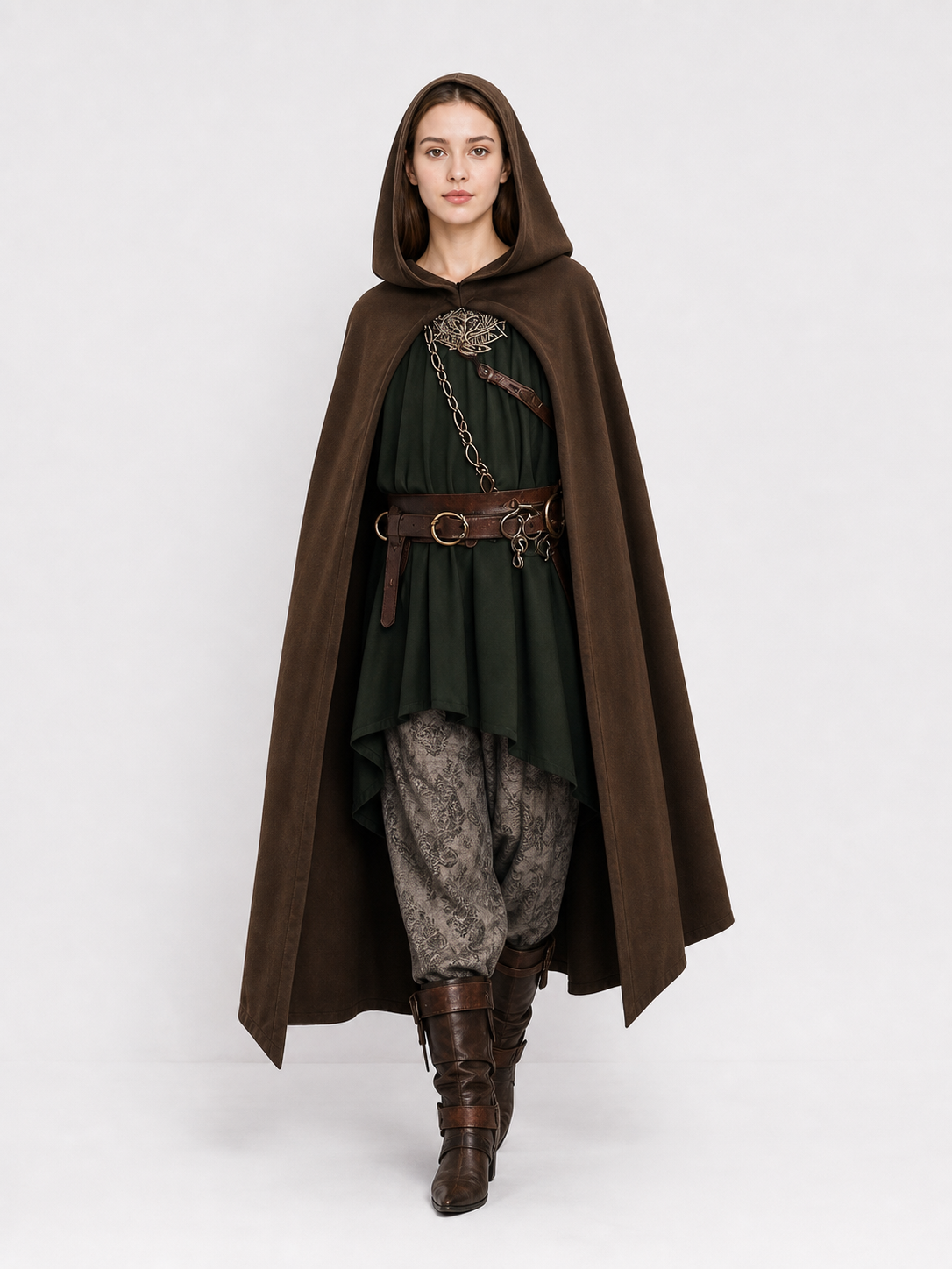 Brown hooded cloak with a smooth fabric look and front clasp, shown full-body on a model over a dark green costume