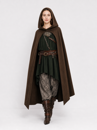 Brown hooded cloak with a smooth fabric look and front clasp, shown full-body on a model over a dark green costume
