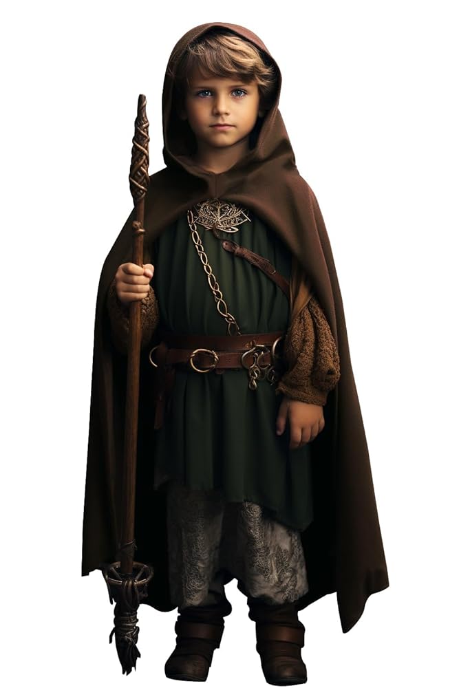 Brown hooded cloak with a smooth fabric look, shown full-body on a child wearing a dark costume with belt and chain details