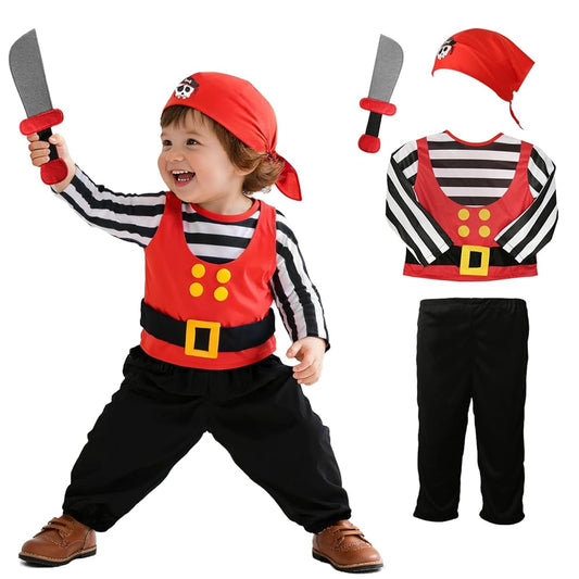 Kids Halloween Pirate Costume Set 4Pcs Red Bandana Striped Long Sleeve Vest Black Pants Toy Sword for Role Play Party