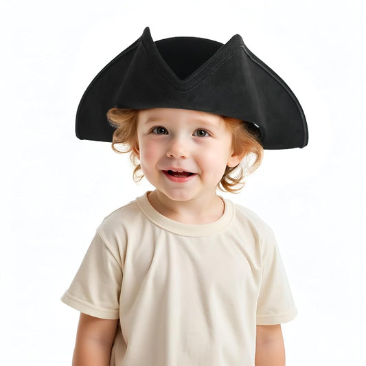 Children's Pirate Hat, Black Wide-Brim Tricorn Style Costume Hat with Turned-Up Sides, Pointed Crown Sections and Stitched Edging for Dress-Up Play and Costume Parties