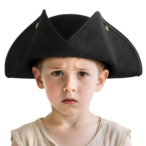 Classic Pirate Hat for Kids, Wide Tricorn Pirate Captain Hat with Raised Pointed Sides and Gold-Colored Accents for Halloween Costume, Dress-Up Play and Themed Parties