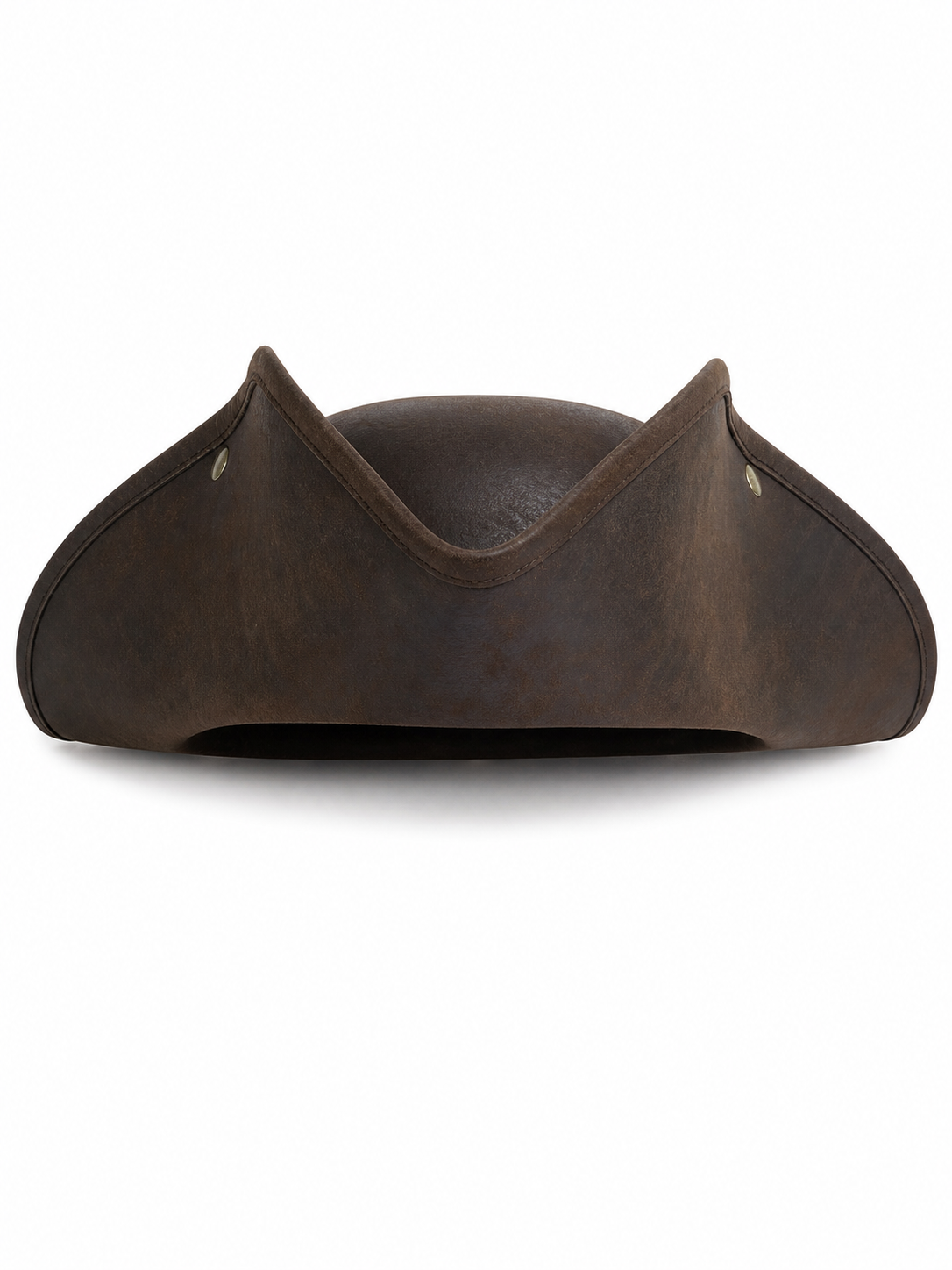 Dark brown tricorn pirate hat shown alone from the front on a white background, with a wide curved brim