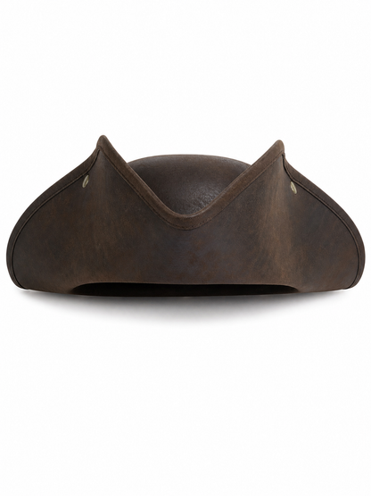 Dark brown tricorn pirate hat shown alone from the front on a white background, with a wide curved brim
