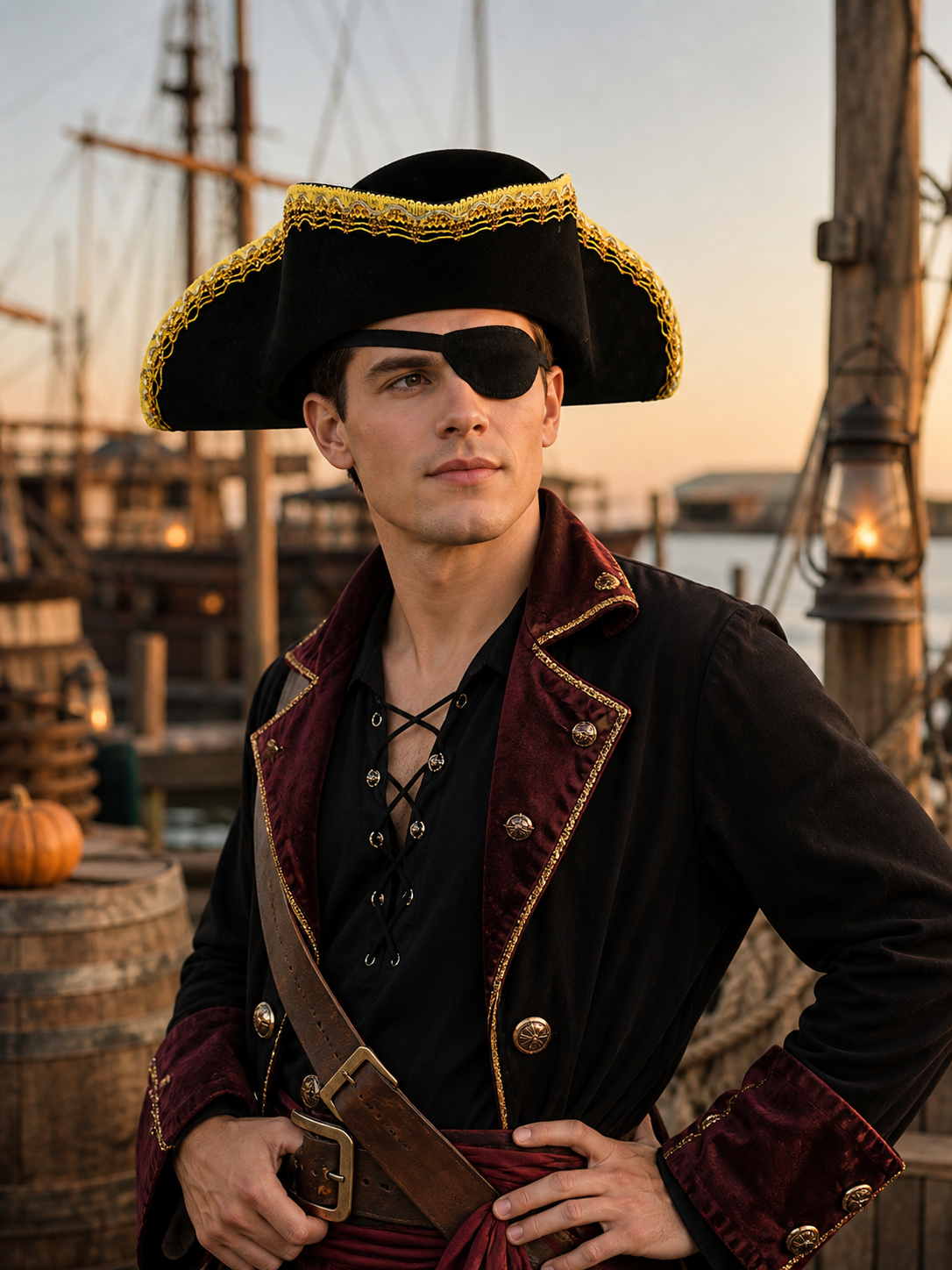 Children's black pirate tricorn hat with decorative gold trim for costume play and themed events