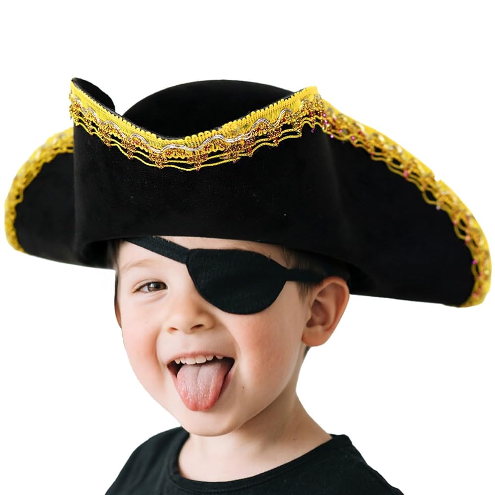 Children's black pirate tricorn hat with decorative gold trim for costume play and themed events