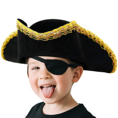Children's black pirate tricorn hat with decorative gold trim for costume play and themed events