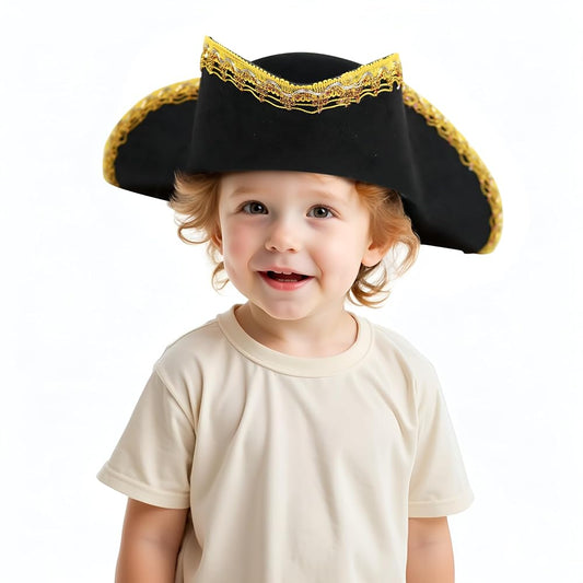 1pc Children's Pirate Hat, Black Wide Brim Pirate Costume Hat with Gold Decorative Trim, Tall Crown for Dress-Up Play and Costume Parties