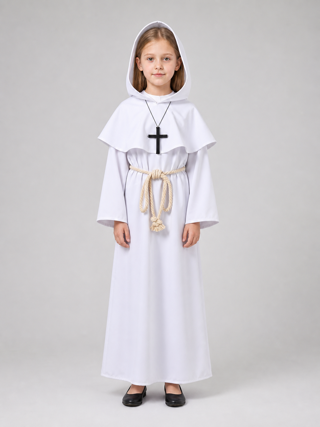 White hooded robe costume shown full-body on a child against a gray background, with a capelet, rope belt, and black cross necklace