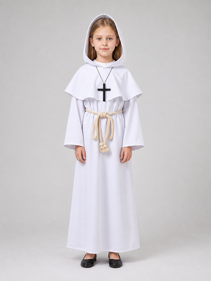 White hooded robe costume shown full-body on a child against a gray background, with a capelet, rope belt, and black cross necklace