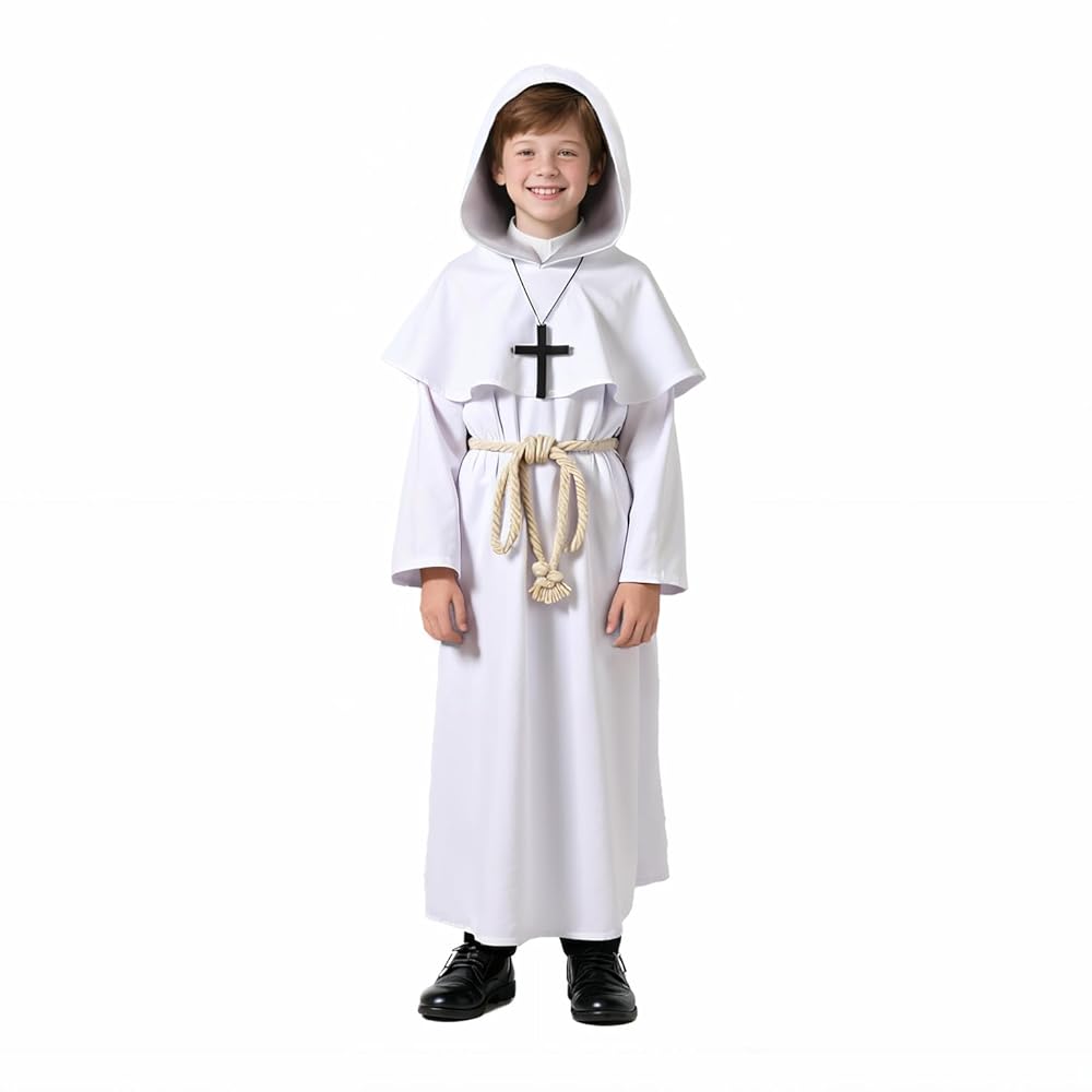 White hooded robe costume shown full-body on a child, with a capelet, long sleeves, rope belt, and black cross necklace