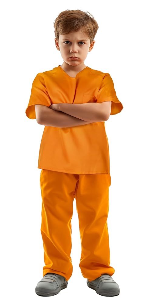 Full-body child model wearing an orange short-sleeve shirt and matching pants with a smooth fabric look and gray shoes