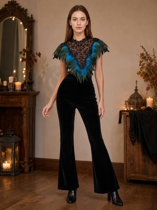 Feather Trim Cape with Triangle Lace Chest Panel, Teal and Black Feather Capelet, Sheer Lace Front, Stage Performance Cosplay Cape for Halloween Party