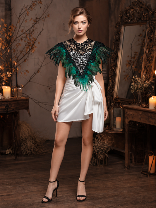 Halloween Costume Cape, Short Shoulder Cape with Green & Gray-Black Feather Trim and Black Lace Front, for Cosplay Role Play Theme Party