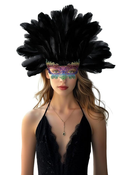 Carnival Feather Headpiece with Mask