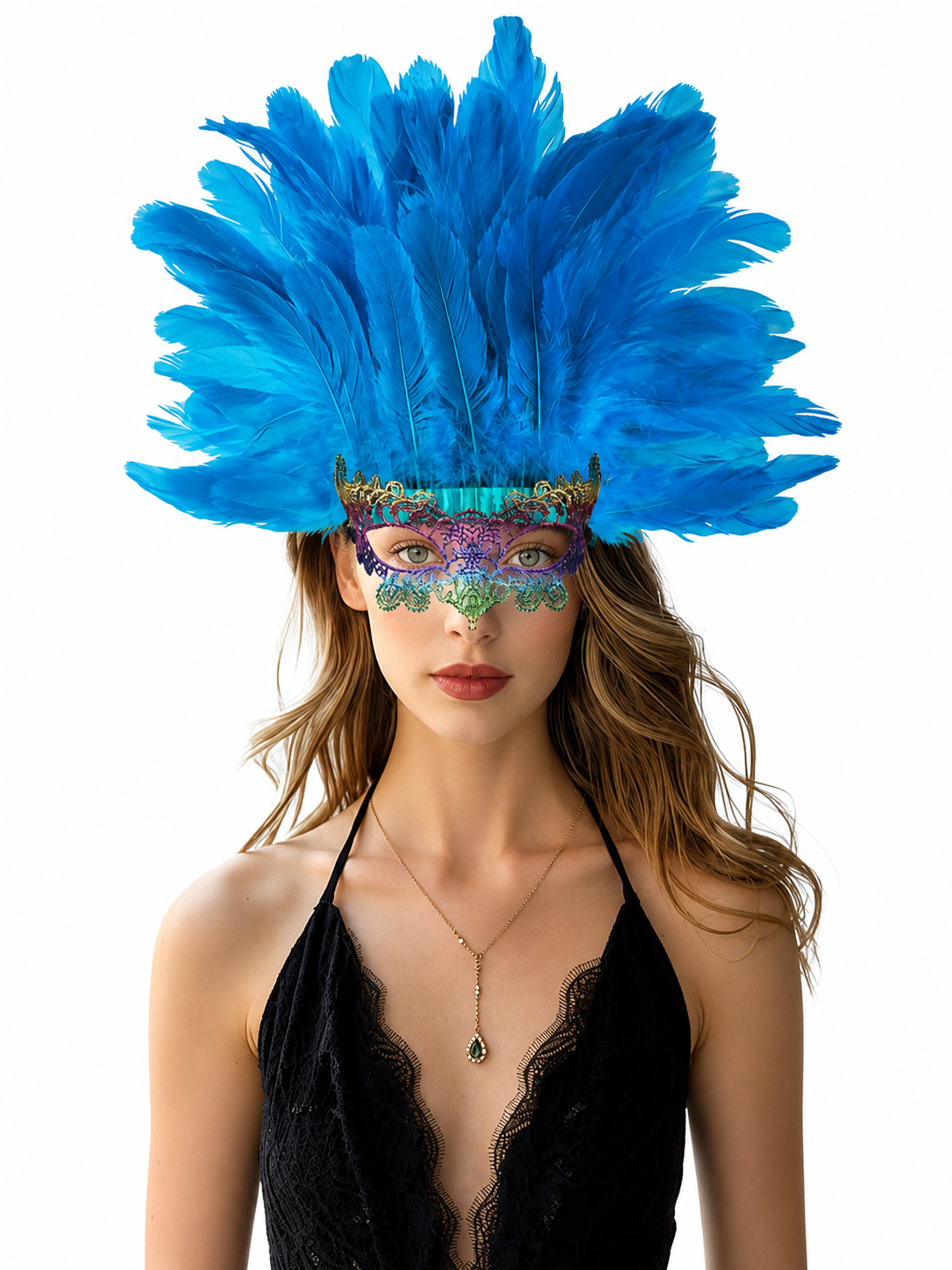 Blue Carnival Headpiece with Feathers and Mask