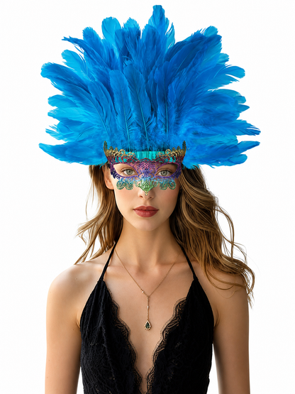Blue Carnival Headpiece with Feathers and Mask
