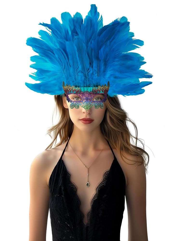 Blue Carnival Headpiece with Feathers and Mask