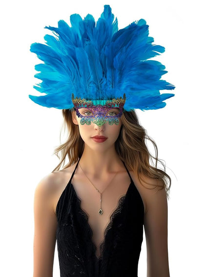 Blue Carnival Headpiece with Feathers and Mask