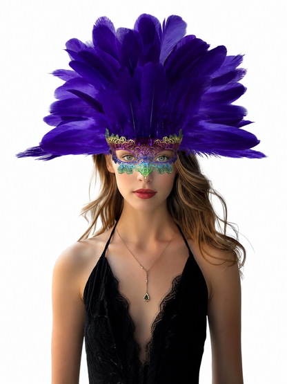 Front view of a purple feather headdress and multicolor decorative mask worn by a model against a white background