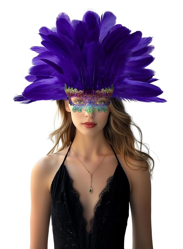 Purple feather headdress with an ornate multicolor eye mask, shown on a model in a black lace-trimmed top against a white background