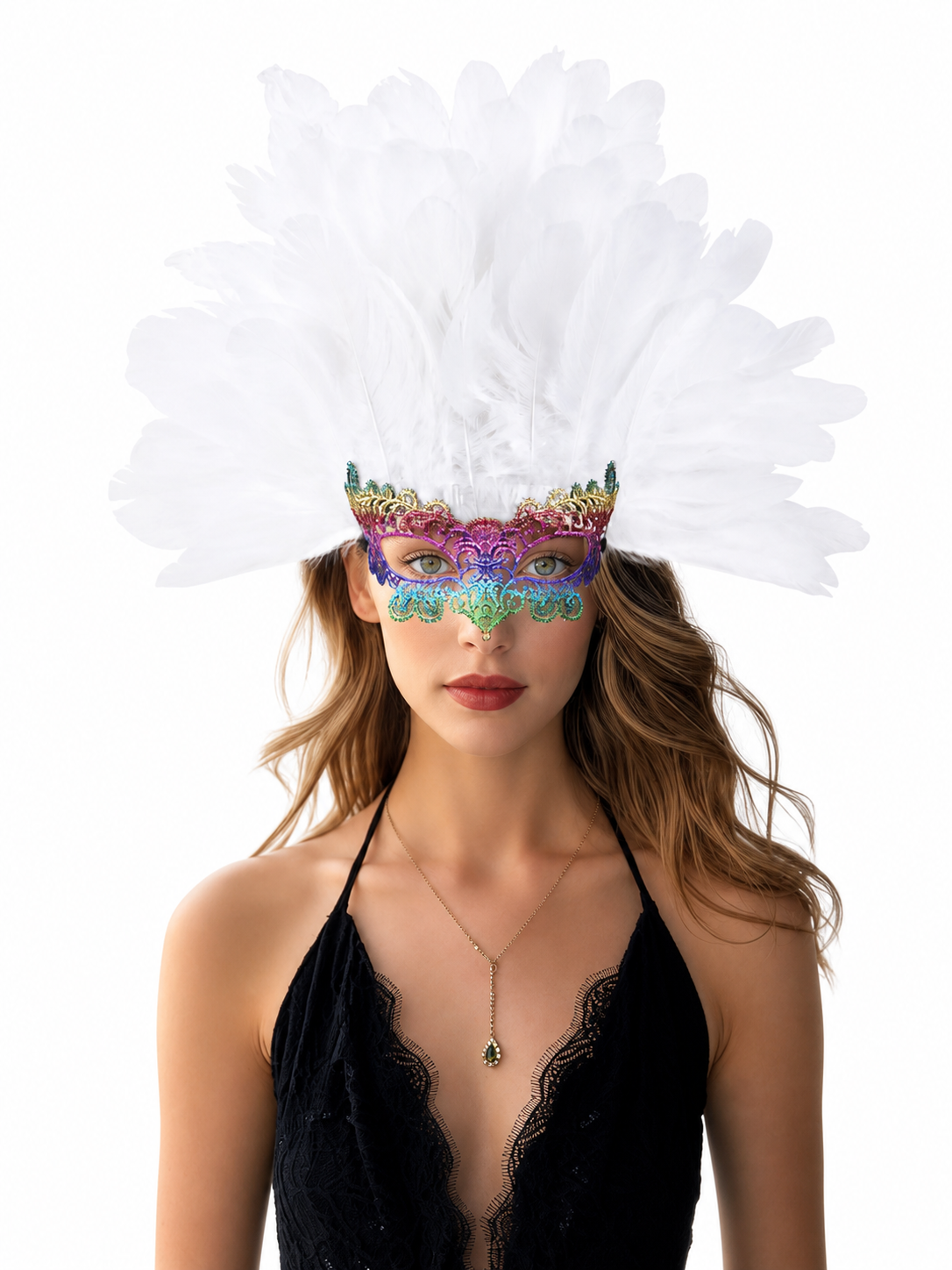 Masquerade headpiece with feathers and a mask