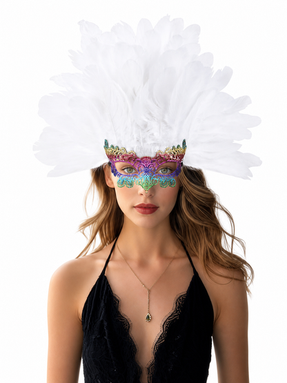 Masquerade headpiece with feathers and a mask