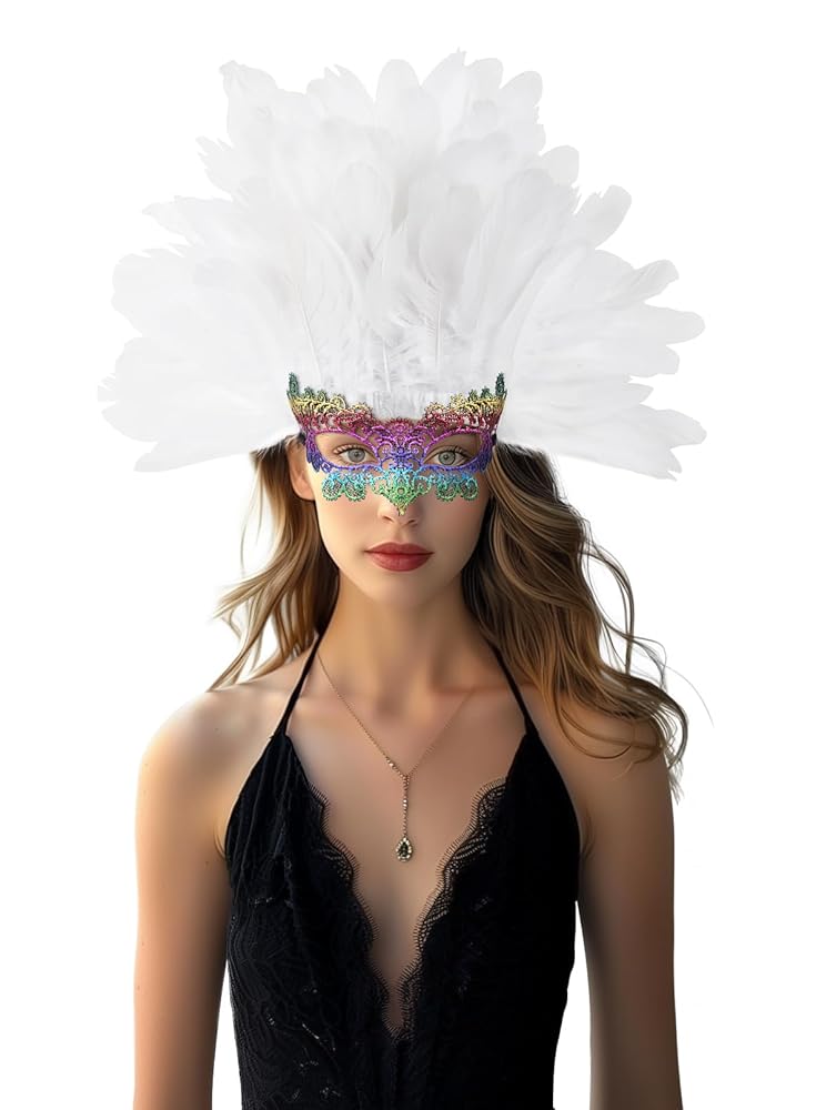 Masquerade headpiece with feathers and a mask