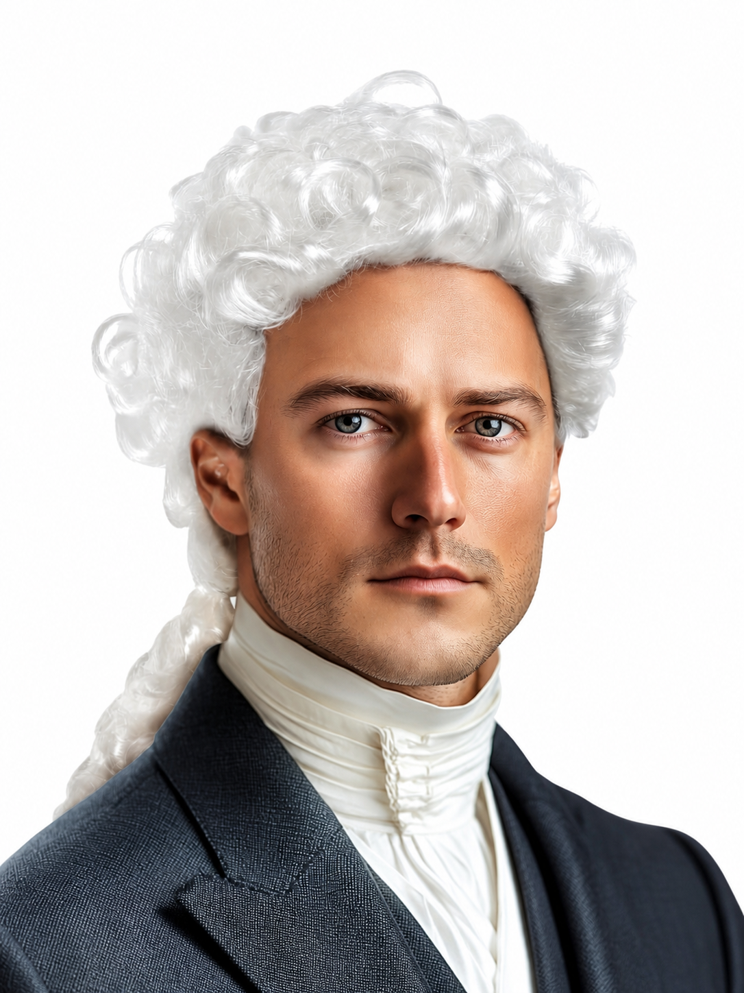 Close-up of a white curly wig with a tied back section, worn by a model in a dark coat and white neckcloth