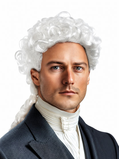 Close-up of a white curly wig with a tied back section, worn by a model in a dark coat and white neckcloth