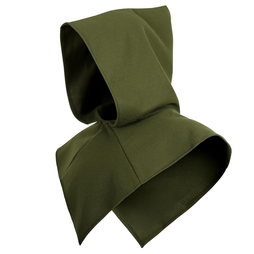Olive green hooded cape shown close up, with a pointed hood, wide shoulder panels, triangular front points, and dark inner lining