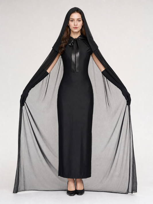 Black hooded cape with sheer mesh panels draped from the arms, shown full-body on a front-facing model