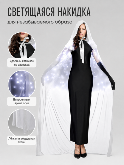Information card showing a model in a glowing white hooded cape, with details about the hood, lights, and lightweight fabric