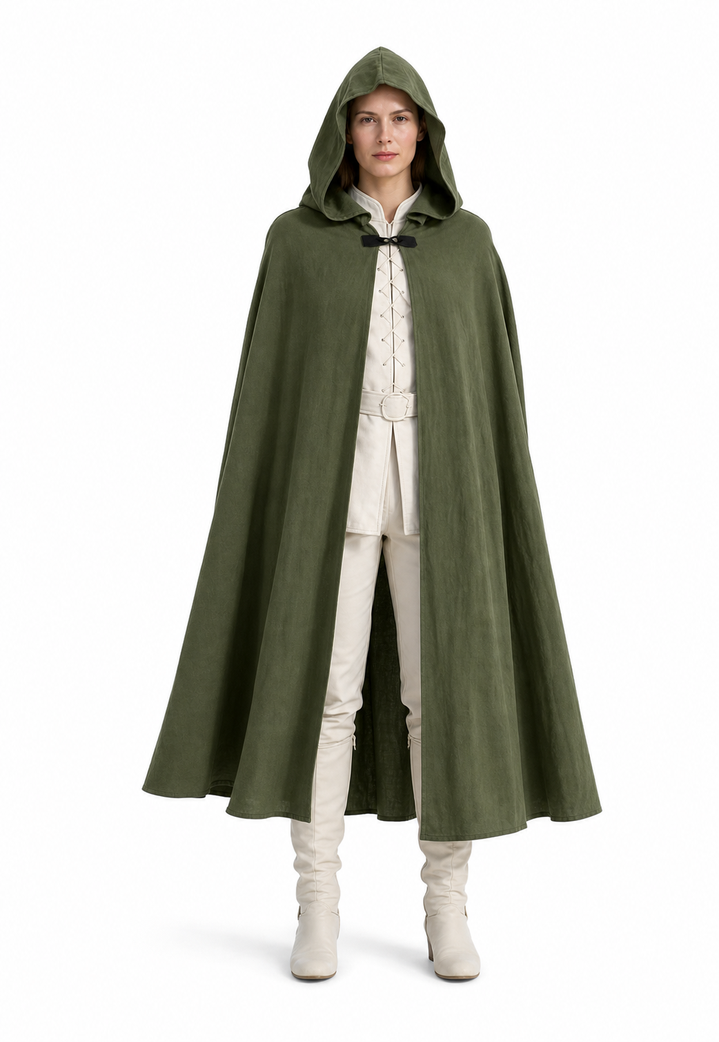 Green hooded cape shown full-body on a woman, with a black clasp and long flowing panels over a cream outfit