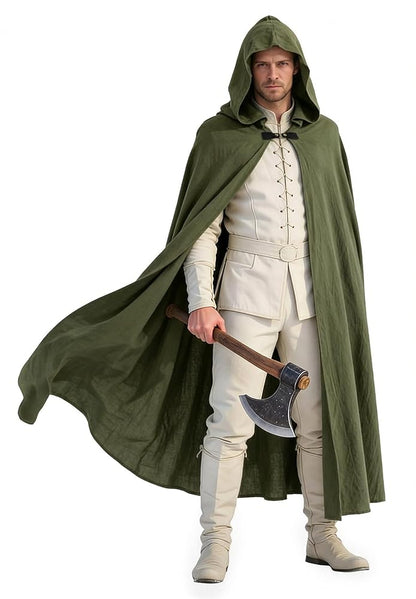 Green hooded cape shown full-body on a man, flowing open over a cream medieval-style outfit with an axe